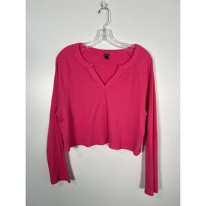 Wild Fable Hot Pink Waffle Knit Cropped Long Sleeve Split Neck Top XXL